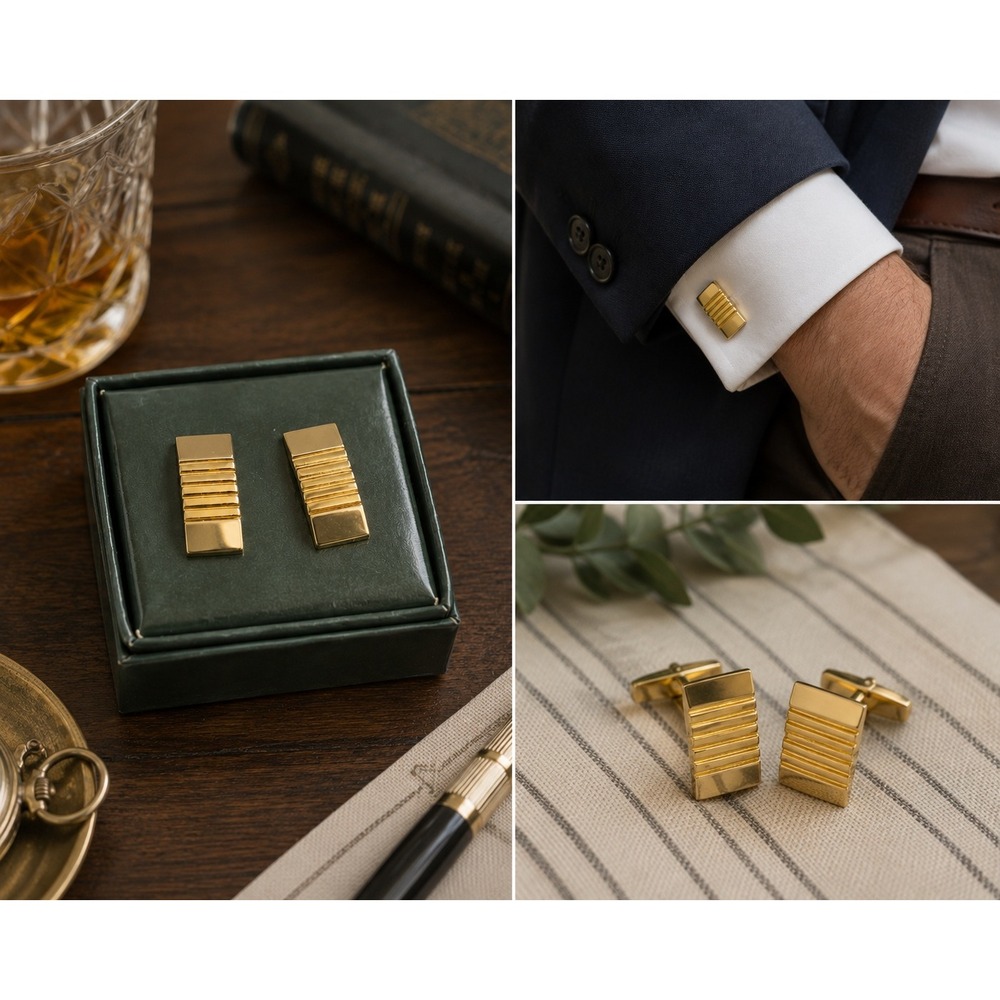 Vtg Estee Lauder For Men Cufflinks Gold Tone Ribbed Rectangle Mens Jewelry